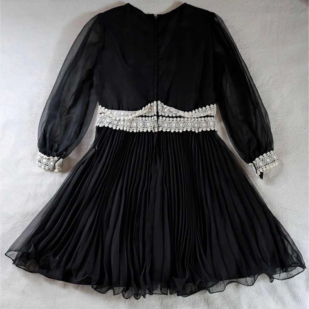 Vintage 60s Crochet Lace Cocktail Mini Dress Women's Medium Black - Picture 3 of 9
